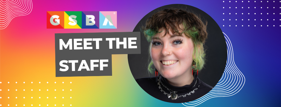 Rainbow banner with GSBA logo, reading "Meet the Staff" next to a headshot of Cortney Gosset