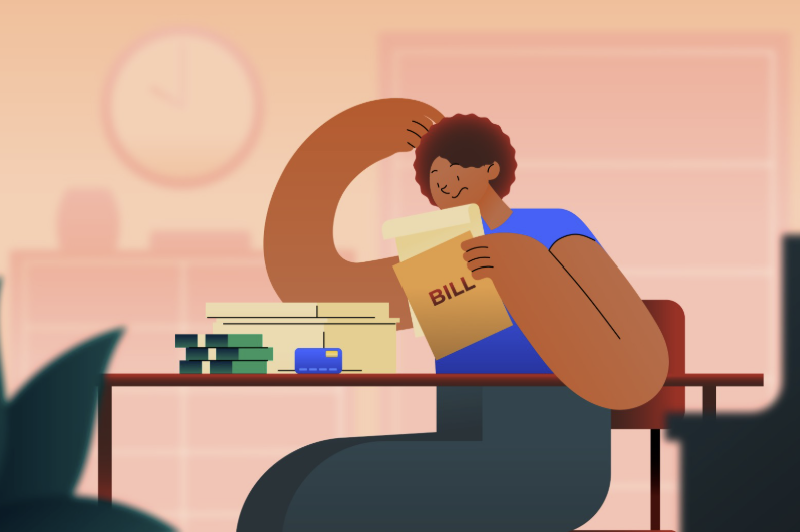 Illustration of a small business owner considering financial expenses